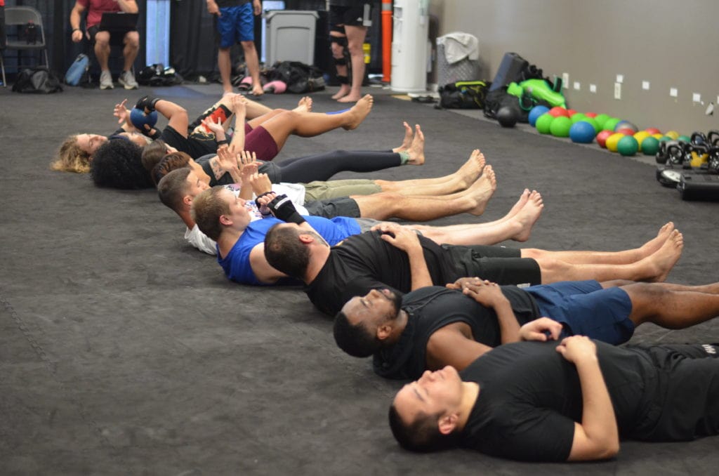 Group Core Exercise at the end of Fitness Kickboxing class